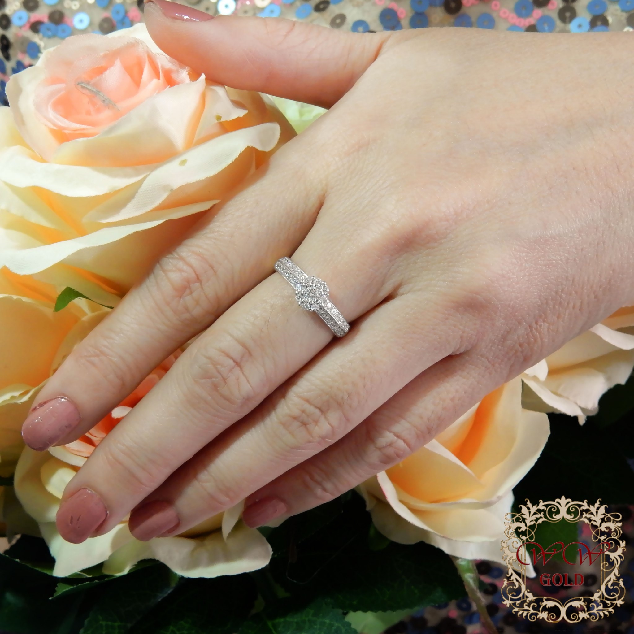 แหวนประกบดีไซน์ดอกไม้ ก้าน 2 แถว (เพชรเบลเยียมแท้)