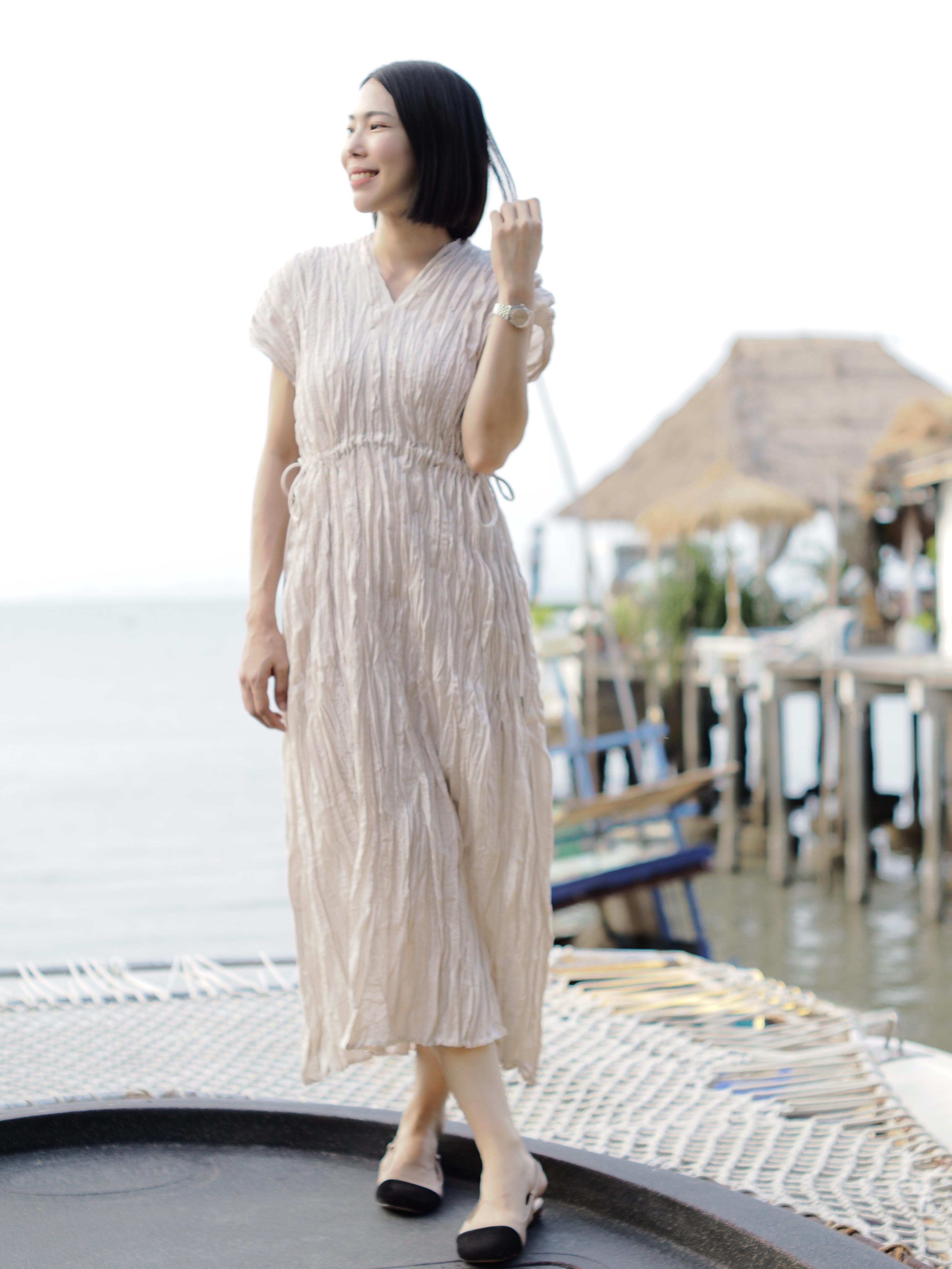 ปรับราคาลง20%!! 2MUAY รุ่น GJO3558 เดรสพลีทคุณภาพ V NECK WAIST TIE PLEATED DRESS 6 สี FREE SIZE
