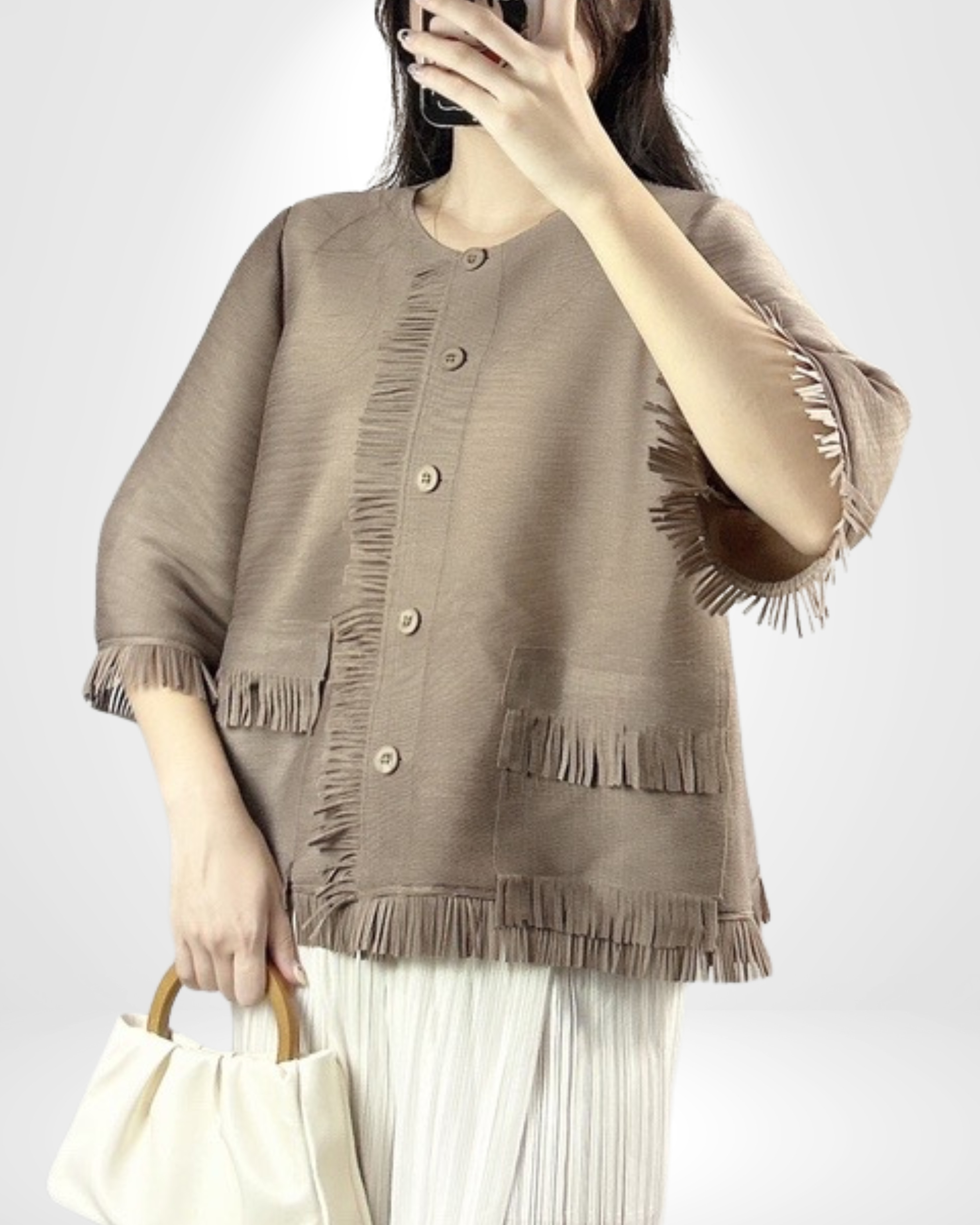 2MUAY รุ่น PP62827 เสื้ออัดพลีท BUTTON FRONT FRINGE PLEATED TOP 4 สี FREE SIZE