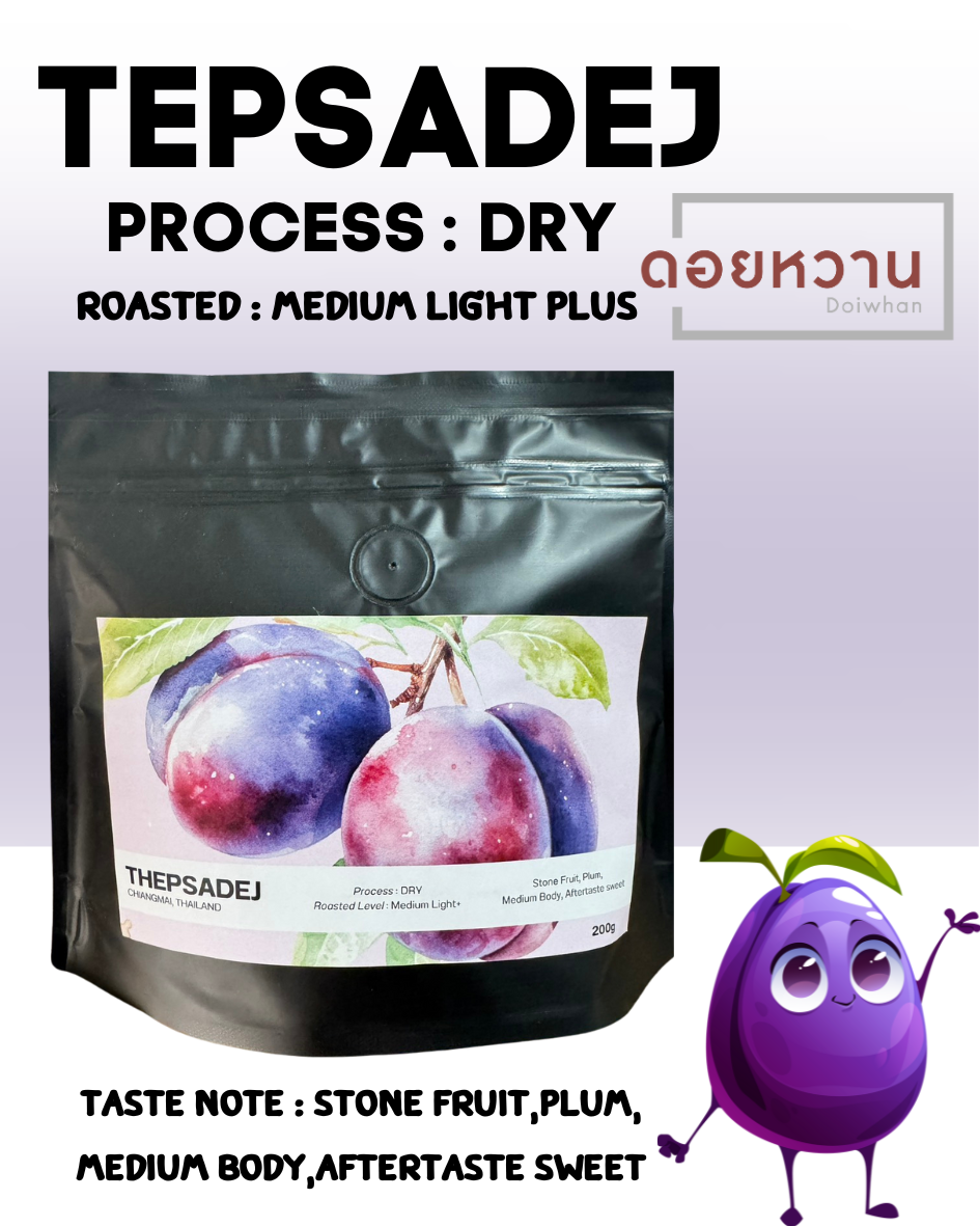 กาแฟคั่วเทพเสด็จ Dry Process คั่ว Medium Light plus ขนาดบรรจุ 200 กรัม