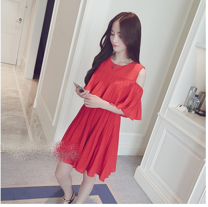 เดรสเว้าไหล่ ผ้าชีฟองเนื้อทรายเนื้อดี ตามแบบ