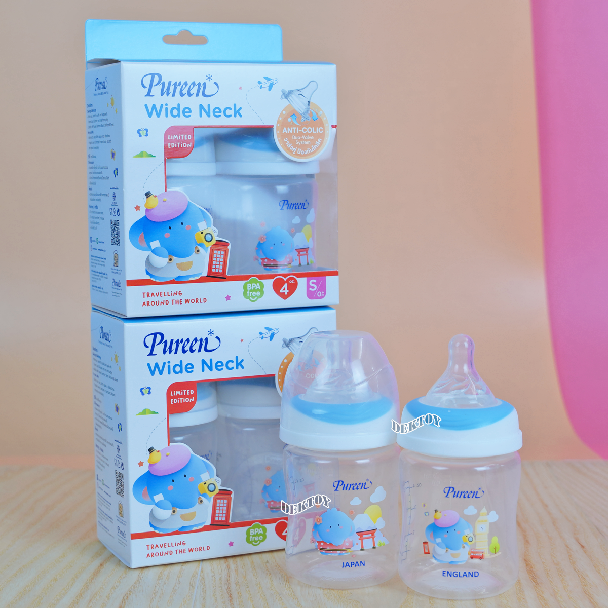 Pureen เพียวรีน ขวดนมเพียวรีน PP 4 ออนซ์คอกว้าง แพ็ค2ขวด ลายช้าง