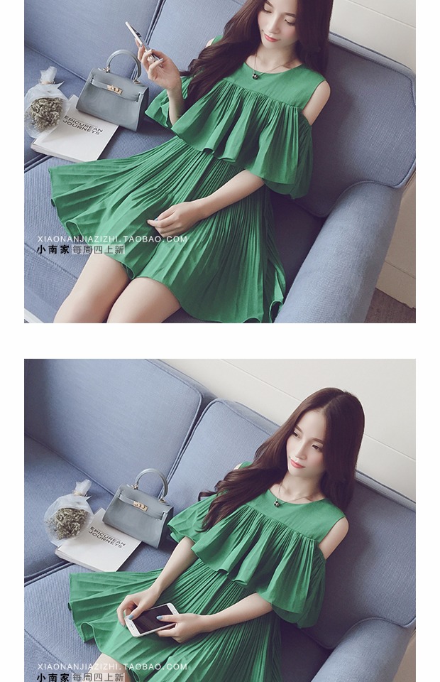 เดรสเว้าไหล่ ผ้าชีฟองเนื้อทรายเนื้อดี ตามแบบ