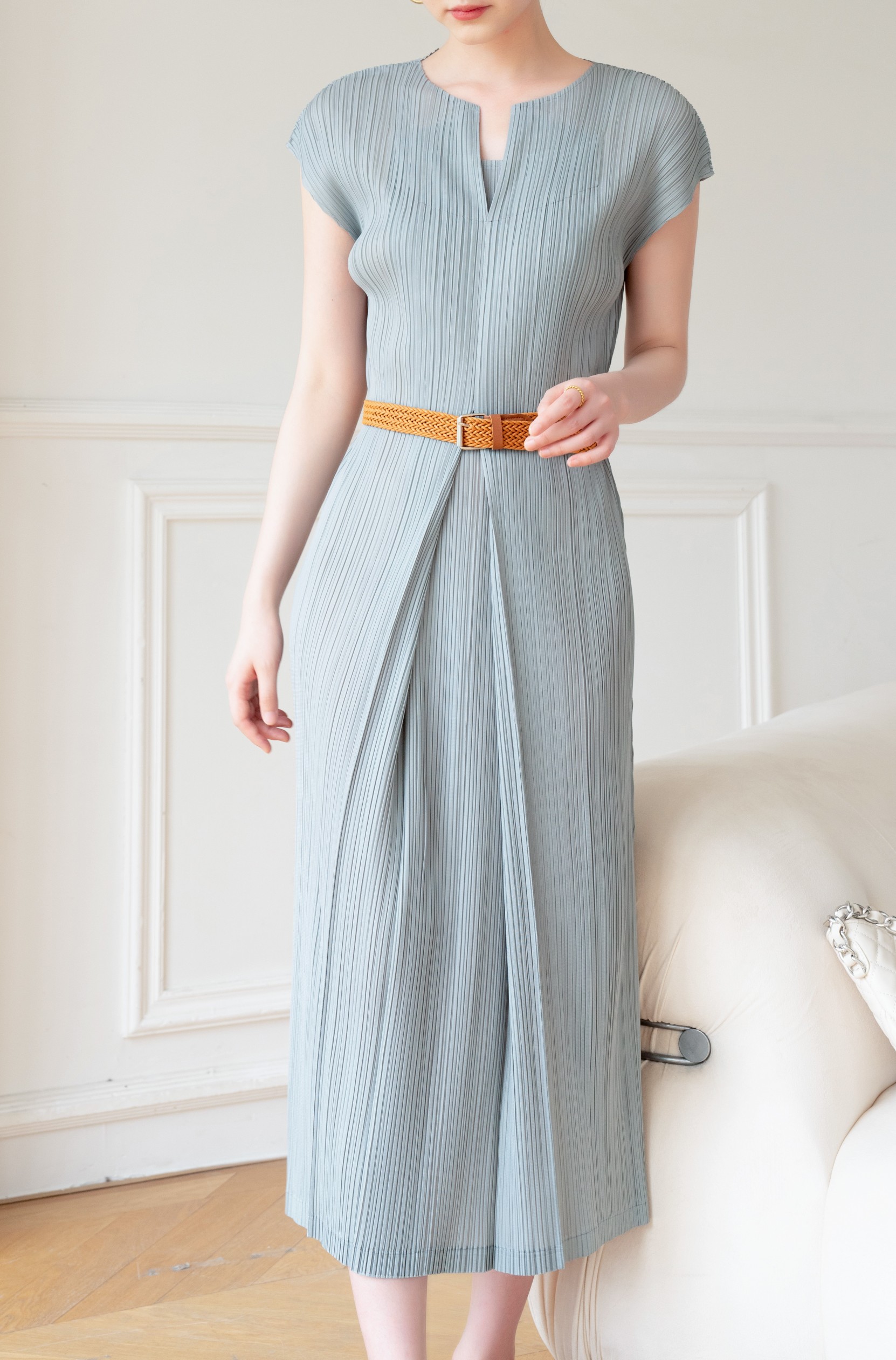 2MUAY รุ่น GJO1530 เดรสพลีทคุณภาพ OPEN NECK CAP SLEEVE PLEATED DRESS 10 สี FREE SIZE