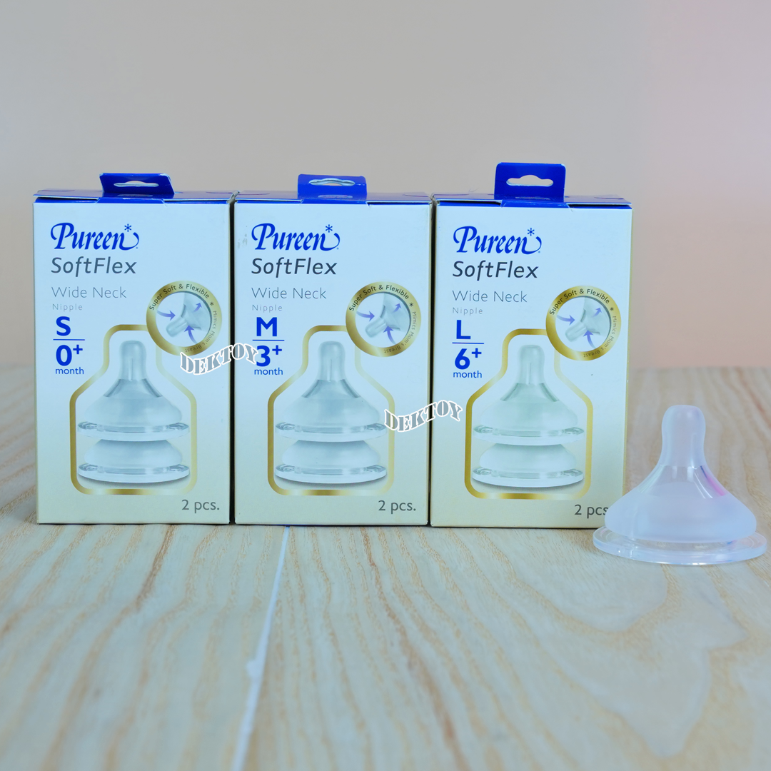 Pureen Softflex จุกนมเพียวรีนเสมือนนมแม่ รุ่นซอฟเฟล็กช์ จุกนมไม่ดูดไม่ไหล สำหรับขวดคอกว้าง แพ็ค2ชิ้น