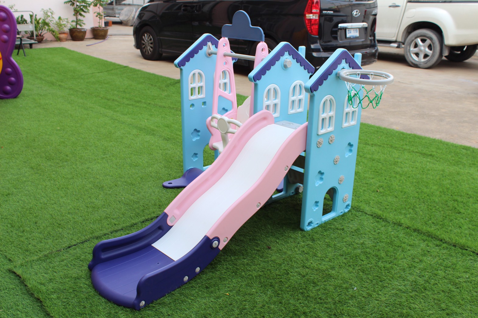 บ้านชิงช้า (สีฟ้า) , แป้นบาส, ชิงช้า, กระดานลื่น, ของเล่นเด็ก,เครื่องเล่นสนาม พร้อมส่ง