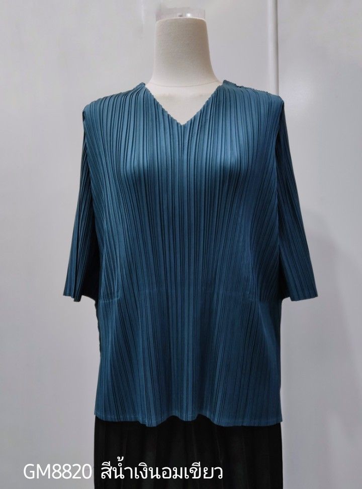 อกถึง42! 2MUAY GM8820 เสื้ออัดพลีทคอวีแขนสั้น ผ่าชายข้าง V NECK SHORT SLEEVE PLEATED TOP 15 สี FREE SIZE