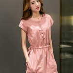 เดรสแฟชั่น ผ้าฝ้ายเนื้อนิ่ม มีกระเป๋า เอวรูดได้ สีชมพู