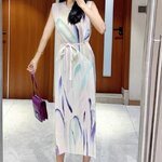 2MUAY รุ่น GJO7655-9 เดรสพลีทคุณภาพ PRINTED SIMPLE BOW TIE PLEATED DRESS 3สี FREE SIZE