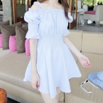 ชุดเดรสกระโปรงสม๊อกเอว และแขน ตุ๊กตาน่ารัก สีฟ้าลายสก๊อต