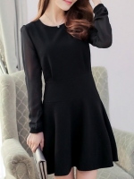 เดรสสีดำ ผ้ายืดหยุ่นเนื้อดี ช่วงแขนตัดต่อผ้าชีฟอง งานตามแบบ สีดำ