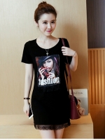 เดรสแฟชั่นเกาหลี ผ้าฝ้ายผสมคอตตอล พิมพ์ลายคมชัดด้านหน้า มี 2 สี