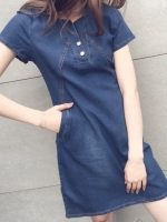 เดรสยีนส์ สุดเท่ แฟชั่นเกาหลีสุดอินเทรด มีกระเป๋า2ข้าง ตามแบบ สีเข้ม