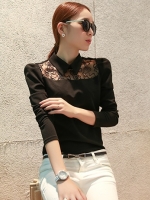 เสื้อแฟชั่น ตัดต่อซีทรูดอกไม้ช่วงอก แขนยาว ตามแบบ สีดำ