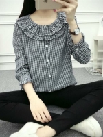 เสื้อเชิ๊ตแขนยาว ปลายแขนจีบมีกระดุม 1เม็ด คอกระเซ้า ตามแบบ