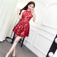 ชุดเดรสแฟชั่นเกาหลี แขนกุดเว้าไหล่ ลายลูกไม้ทั้งตัว มีซับใน มีซิปด้าน ตามแบบ