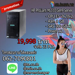 HP ProLiant ML110 Gen9 Server คอม เซิร์ฟเวอร์ CPU E5-2620v2 Ram 8 GB SAS 300 GB x2