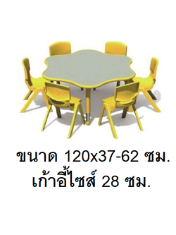 ชุดโต๊ะนักเรียนทรงหยักโค้ง พร้อมเก้าอี้ 6 ตัว โต๊ะดอกไม้ โต๊ะเด็กปรับขาได้ โต๊ะนักเรียนอนุบาล พรีออเดอร์ 30-45 วัน