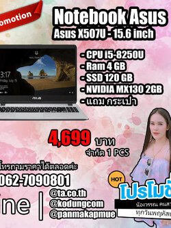 โน้ตบุ๊ค Notebook Asus X507U(i5-8250U/4GB/SSD120GB/MX130 2GB)+Adapter+กระเป๋า แบตเสื่อม