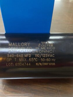 คาปาซิเตอร์สตาร์ท 540-648uf 110-125v ใช้กับ ปั๊มน้ำบาดาล, ปั๊มซัมเมอร์ส(ซัมเมิส), Franklin , คาปาซิเตอร์, START CAPACITOR ยี่ห้อ Mallory